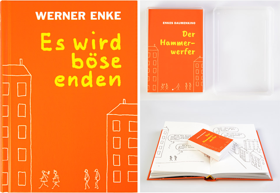 Beispiele lustiger Geschenkideen und origineller Mitbringsel: Oranges Buch-Cover "Werner Enke Es wird böse enden" und rechts daneben das geöffnete Buch mit Strichmännchen-Sprechblasen, auf dem mittig das orange "Enkes Daumenkino Der Hammerwerfer" liegt, darüber das Daumenkino alleine in einer geöffneten, durchsichtigen Spielkartenschachtel