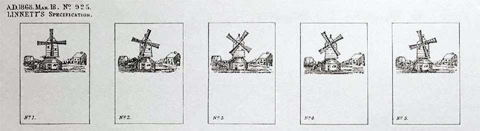 Geringfügige Änderung einzelner Daumenkino-Seiten am Beispiel der Flügel einer Windmühle im "flip book" 1868 von John Barnes Linnett